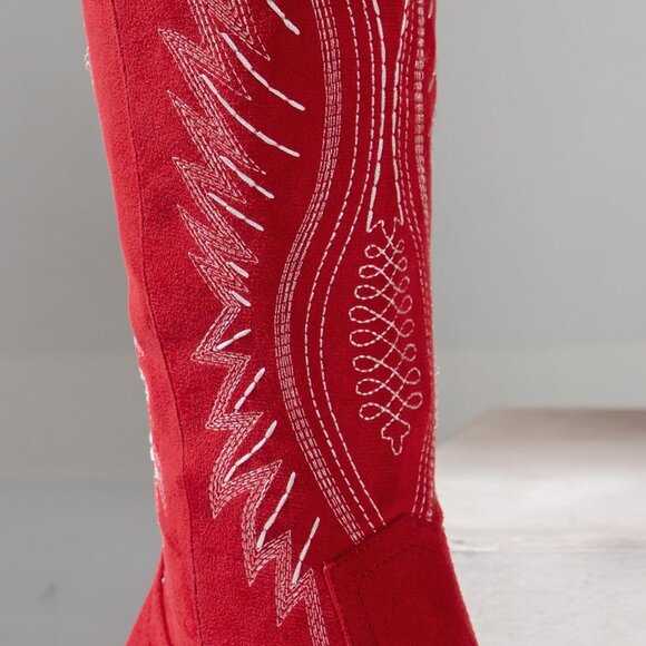 ⚡Women's Red Solid Color Suede Embroidered Side Zipper High Heeled Boots - Picture 7 of 7